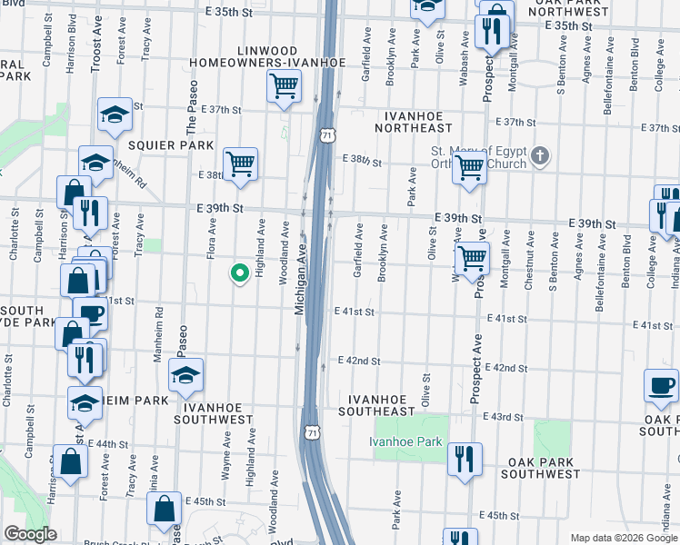 map of restaurants, bars, coffee shops, grocery stores, and more near 2006 East 40th Street in Kansas City