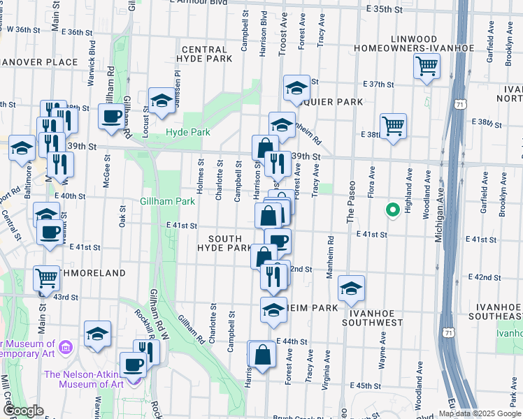 map of restaurants, bars, coffee shops, grocery stores, and more near 4010 Harrison Street in Kansas City