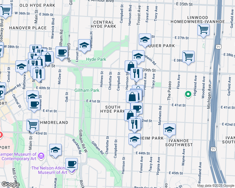 map of restaurants, bars, coffee shops, grocery stores, and more near 4008 Campbell Street in Kansas City