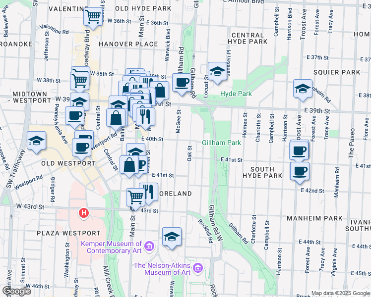 map of restaurants, bars, coffee shops, grocery stores, and more near 4001 McGee Street in Kansas City