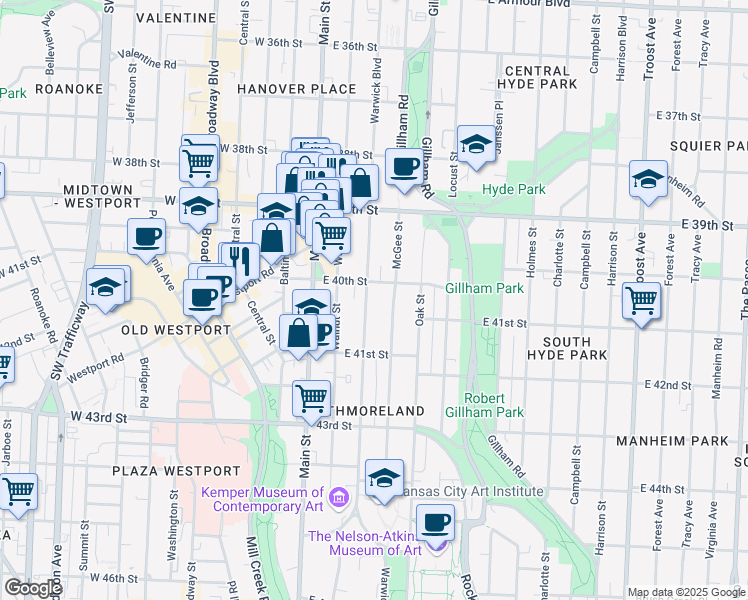 map of restaurants, bars, coffee shops, grocery stores, and more near 4000 Warwick Boulevard in Kansas City