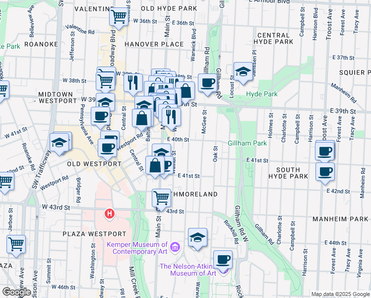 map of restaurants, bars, coffee shops, grocery stores, and more near 4000 Warwick Boulevard in Kansas City