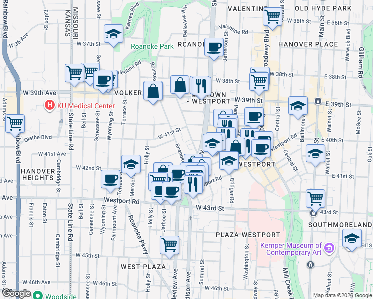map of restaurants, bars, coffee shops, grocery stores, and more near 4038 Clark Avenue in Kansas City
