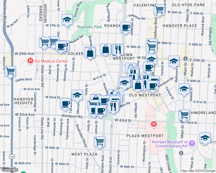 map of restaurants, bars, coffee shops, grocery stores, and more near 4038 Clark Avenue in Kansas City