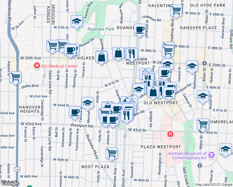 map of restaurants, bars, coffee shops, grocery stores, and more near 4038 Clark Avenue in Kansas City