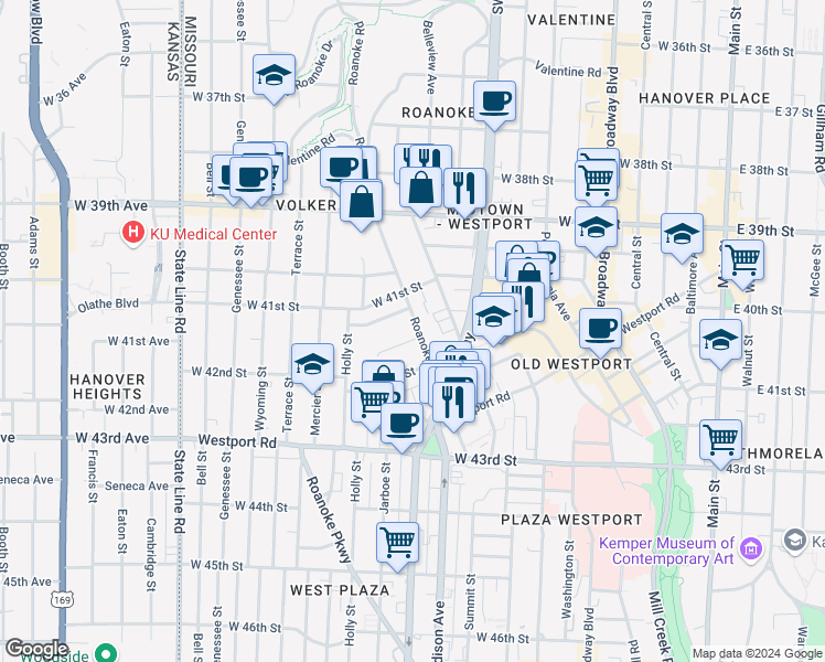 map of restaurants, bars, coffee shops, grocery stores, and more near 1110 West 41st Terrace in Kansas City
