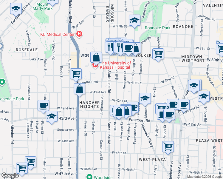 map of restaurants, bars, coffee shops, grocery stores, and more near 4106 Bell Street in Kansas City