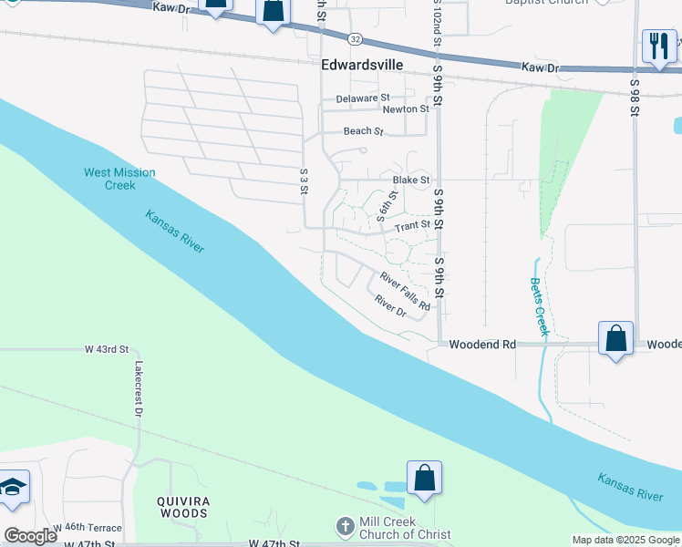 map of restaurants, bars, coffee shops, grocery stores, and more near 402 River Falls Road in Kansas City