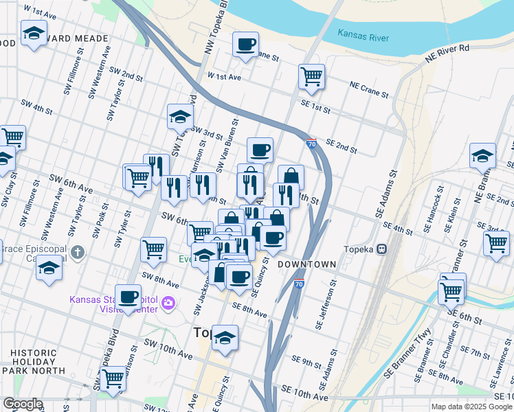 map of restaurants, bars, coffee shops, grocery stores, and more near 423 South Kansas Avenue in Topeka