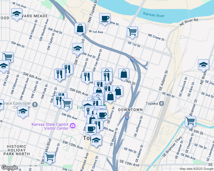 map of restaurants, bars, coffee shops, grocery stores, and more near 423 South Kansas Avenue in Topeka