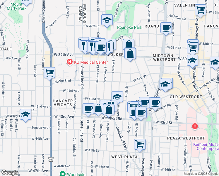 map of restaurants, bars, coffee shops, grocery stores, and more near 4104 Terrace Street in Kansas City