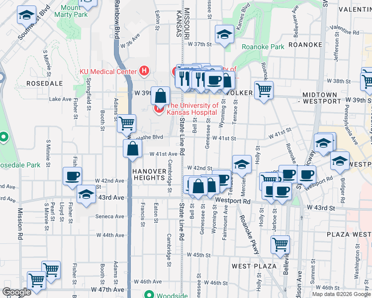 map of restaurants, bars, coffee shops, grocery stores, and more near 4106 Bell Street in Kansas City
