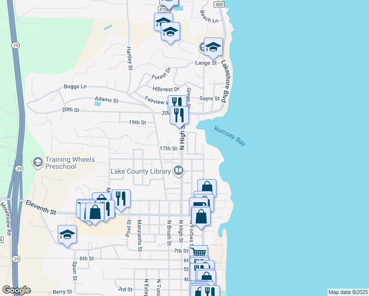 map of restaurants, bars, coffee shops, grocery stores, and more near 1637 Montana Vista Street in Lakeport