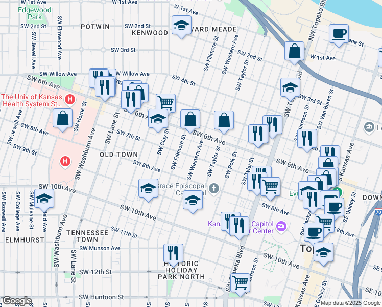 map of restaurants, bars, coffee shops, grocery stores, and more near 612 Southwest Western Avenue in Topeka