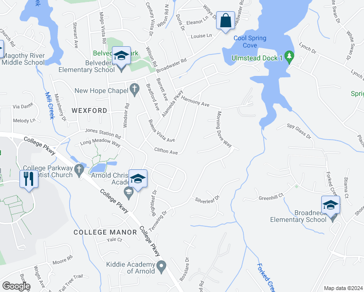 map of restaurants, bars, coffee shops, grocery stores, and more near 308 Clifton Avenue in Arnold