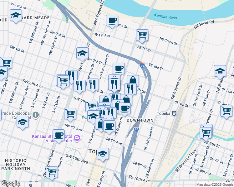map of restaurants, bars, coffee shops, grocery stores, and more near 429 South Kansas Avenue in Topeka