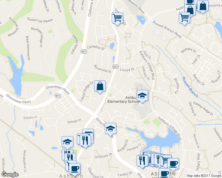 map of restaurants, bars, coffee shops, grocery stores, and more near 43901 Championship Place in Ashburn
