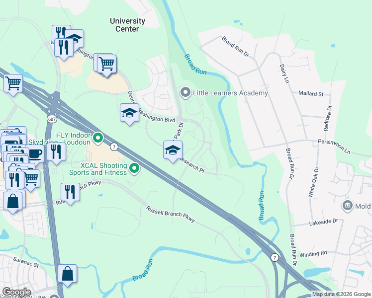 map of restaurants, bars, coffee shops, grocery stores, and more near 20320 Beechwood Terrace in Ashburn