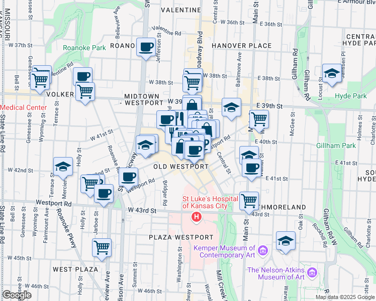 map of restaurants, bars, coffee shops, grocery stores, and more near 4030 Broadway Boulevard in Kansas City
