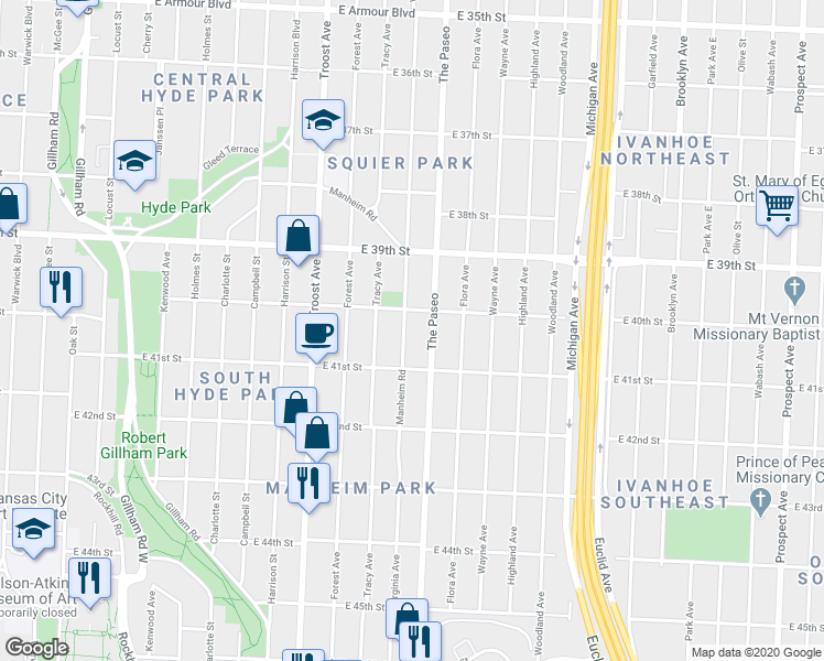 map of restaurants, bars, coffee shops, grocery stores, and more near 4009 Virginia Avenue in Kansas City