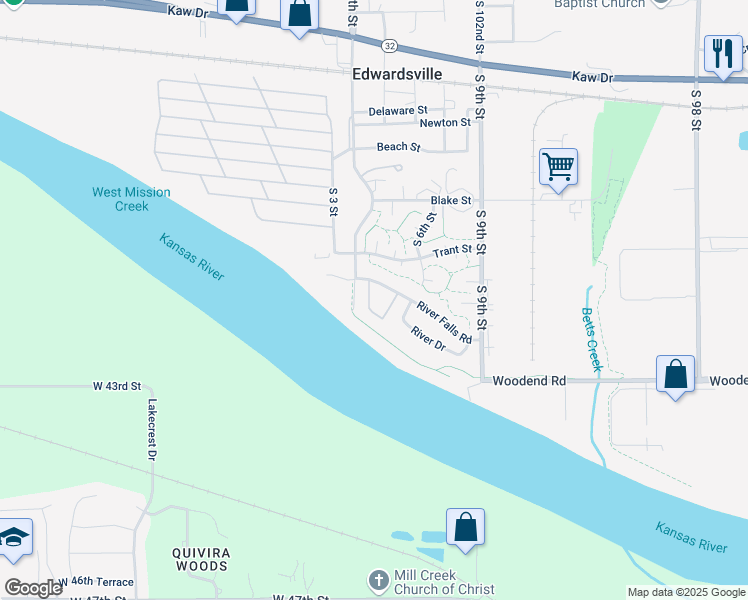 map of restaurants, bars, coffee shops, grocery stores, and more near 402 River Falls Road in Kansas City