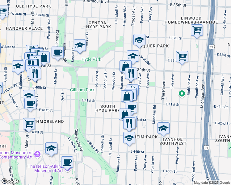 map of restaurants, bars, coffee shops, grocery stores, and more near 4008 Campbell Street in Kansas City