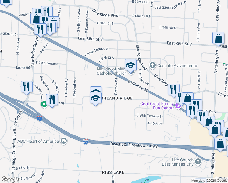map of restaurants, bars, coffee shops, grocery stores, and more near 3707 East 40th Street in Kansas City