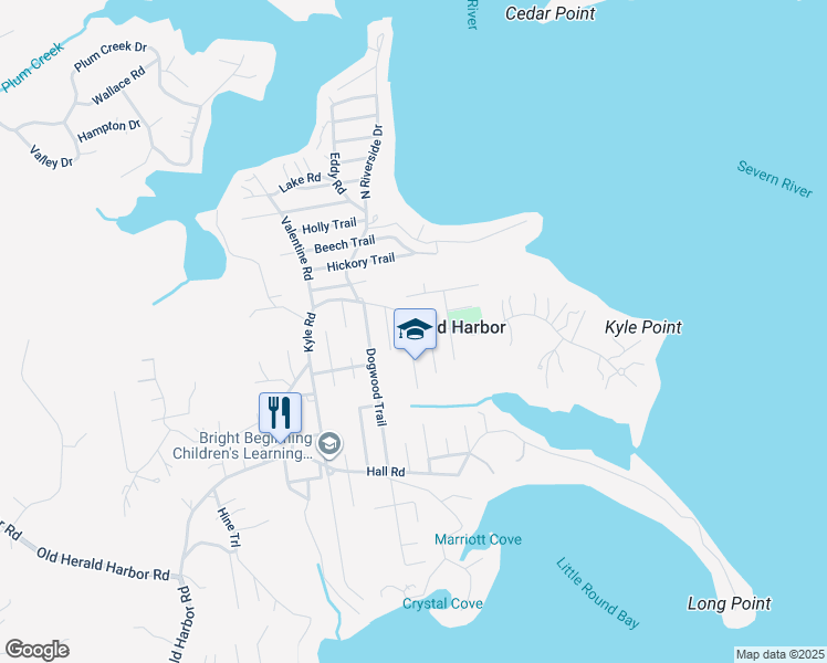map of restaurants, bars, coffee shops, grocery stores, and more near 809 Birch Trail in Crownsville