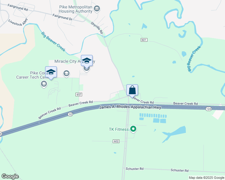 map of restaurants, bars, coffee shops, grocery stores, and more near 601 Beaver Creek Road in Piketon