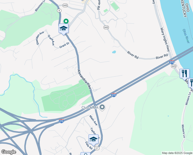 map of restaurants, bars, coffee shops, grocery stores, and more near 25 Holly Woods Drive in Fort Thomas