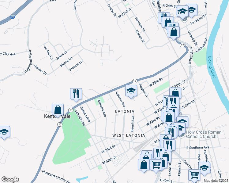 map of restaurants, bars, coffee shops, grocery stores, and more near 30 Indiana Drive in Covington
