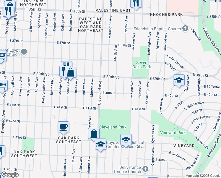 map of restaurants, bars, coffee shops, grocery stores, and more near 3919 Cleveland Avenue in Kansas City