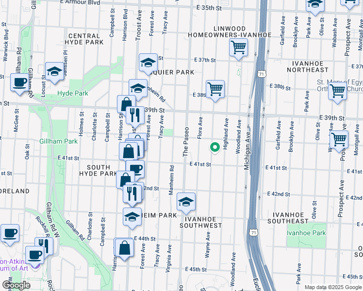 map of restaurants, bars, coffee shops, grocery stores, and more near 1401 East 40th Street in Kansas City