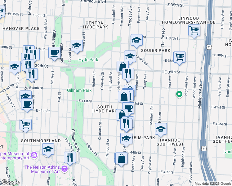map of restaurants, bars, coffee shops, grocery stores, and more near 4010 Harrison Street in Kansas City