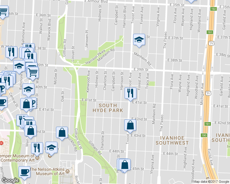 map of restaurants, bars, coffee shops, grocery stores, and more near 4008 Campbell Street in Kansas City