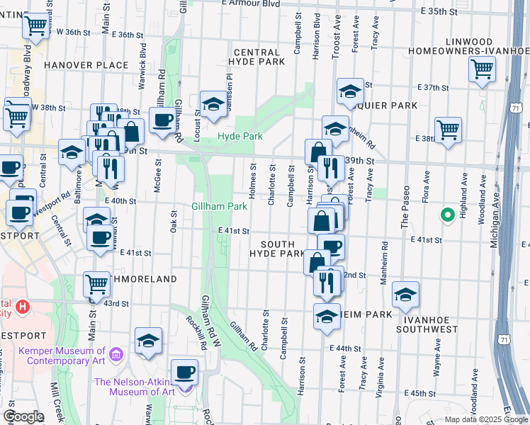map of restaurants, bars, coffee shops, grocery stores, and more near 4013 Holmes Street in Kansas City