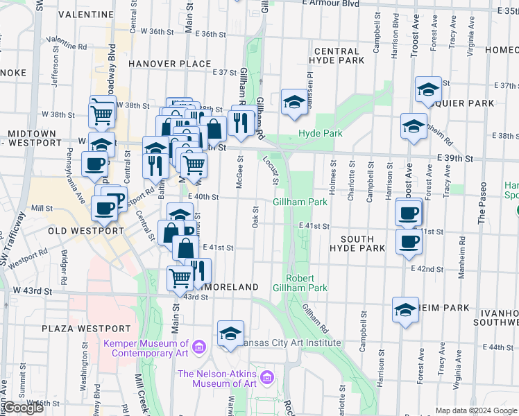 map of restaurants, bars, coffee shops, grocery stores, and more near 4021 Oak Street in Kansas City