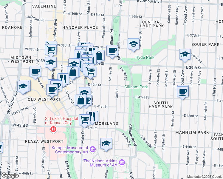 map of restaurants, bars, coffee shops, grocery stores, and more near 4001 McGee Street in Kansas City
