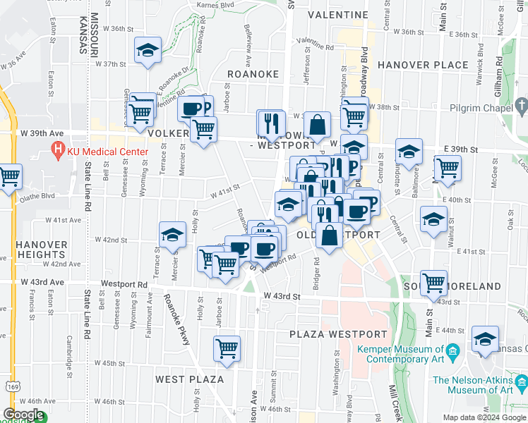 map of restaurants, bars, coffee shops, grocery stores, and more near 900 West 40th Terrace in Kansas City