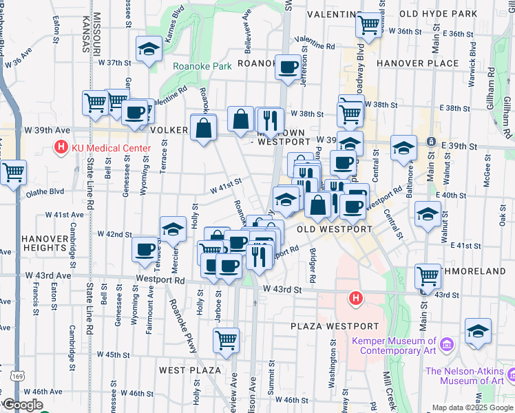 map of restaurants, bars, coffee shops, grocery stores, and more near 4038 Clark Avenue in Kansas City