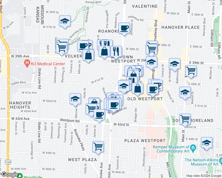 map of restaurants, bars, coffee shops, grocery stores, and more near 4038 Clark Avenue in Kansas City