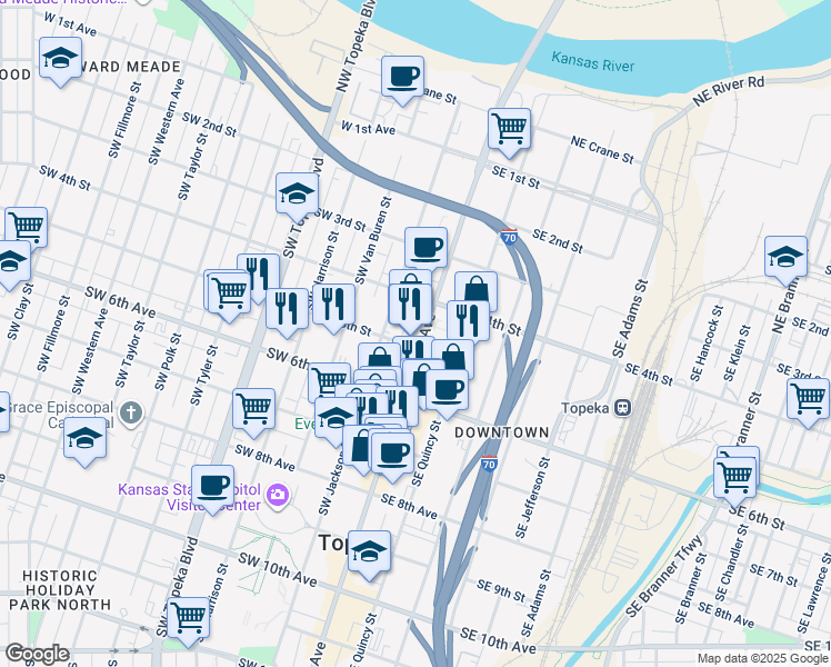 map of restaurants, bars, coffee shops, grocery stores, and more near 429 South Kansas Avenue in Topeka