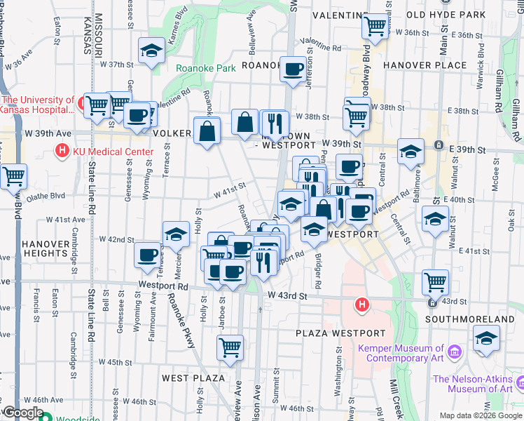 map of restaurants, bars, coffee shops, grocery stores, and more near 4038 Clark Avenue in Kansas City