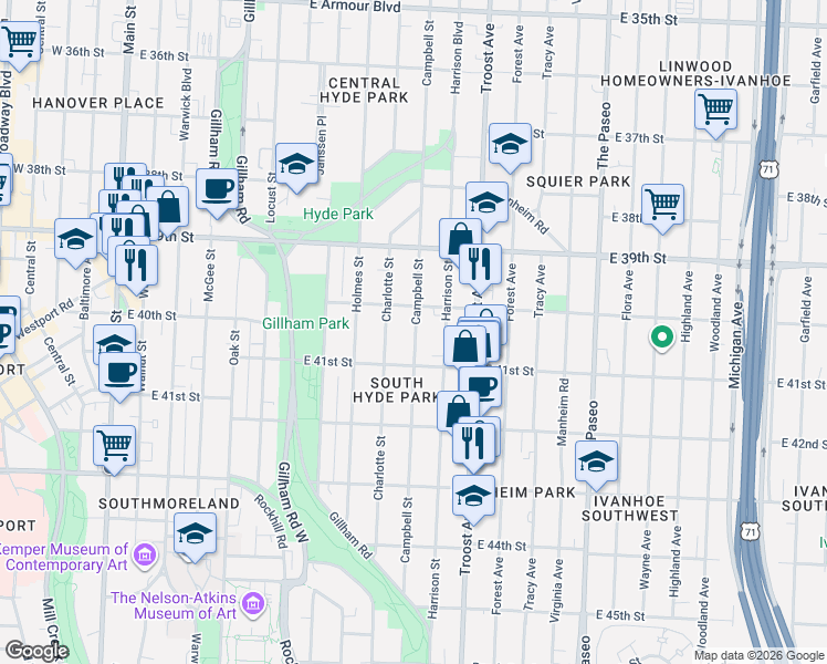 map of restaurants, bars, coffee shops, grocery stores, and more near 4008 Campbell Street in Kansas City
