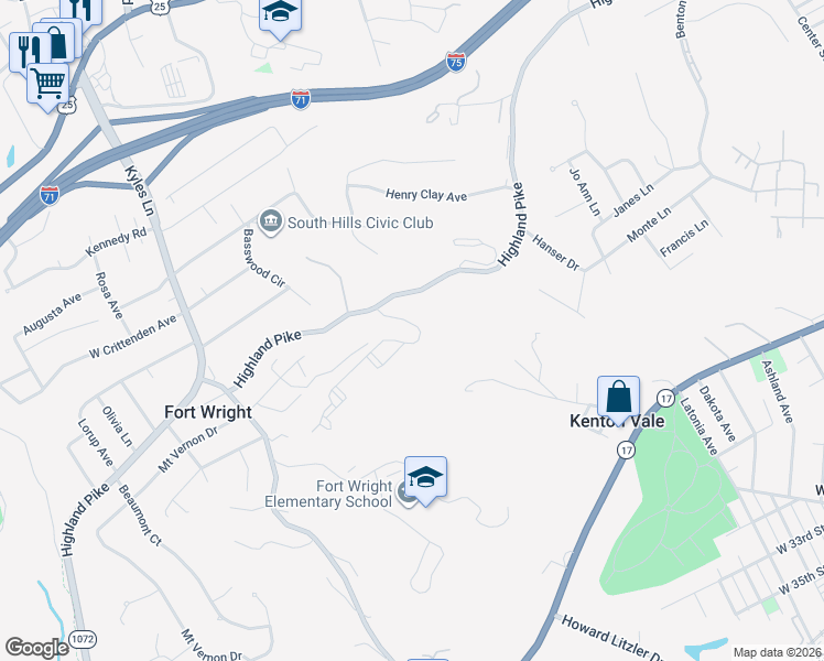 map of restaurants, bars, coffee shops, grocery stores, and more near 1402 Highland Park in Covington