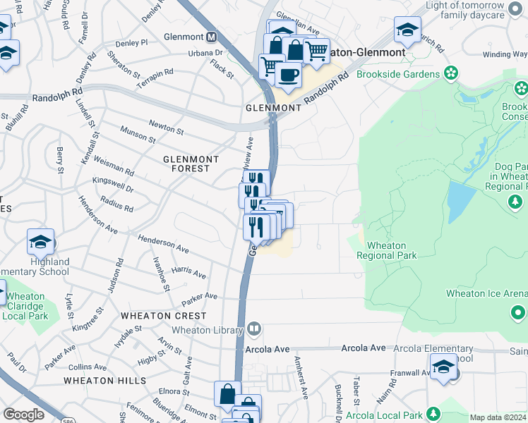map of restaurants, bars, coffee shops, grocery stores, and more near 2477 Jones Lane in Wheaton-Glenmont