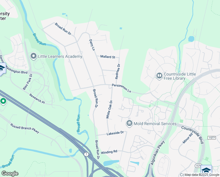 map of restaurants, bars, coffee shops, grocery stores, and more near 45425 Persimmon Lane in Sterling
