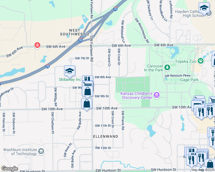 map of restaurants, bars, coffee shops, grocery stores, and more near 814 Southwest Grand Court in Topeka