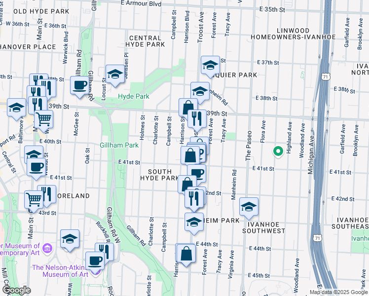 map of restaurants, bars, coffee shops, grocery stores, and more near 4017 Harrison Street in Kansas City