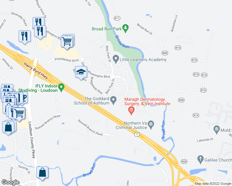 map of restaurants, bars, coffee shops, grocery stores, and more near 20322 Beechwood Terrace in Ashburn